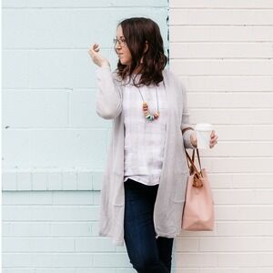 J.Jill Tall Cardigan‎ Open Front Duster Pockets Knit Sweater Linen Blend Beige M